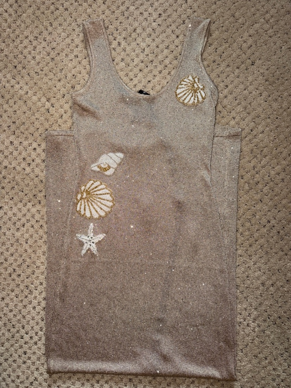 White Fox Boutique Metallic Taupe Shell Embellished Maxi Dress